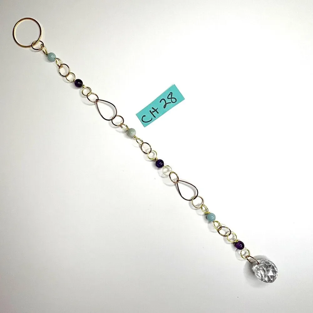 Aquamarine Amethyst Bead Hanging | Gold Teardrop Frame | Crystal Ball Prism